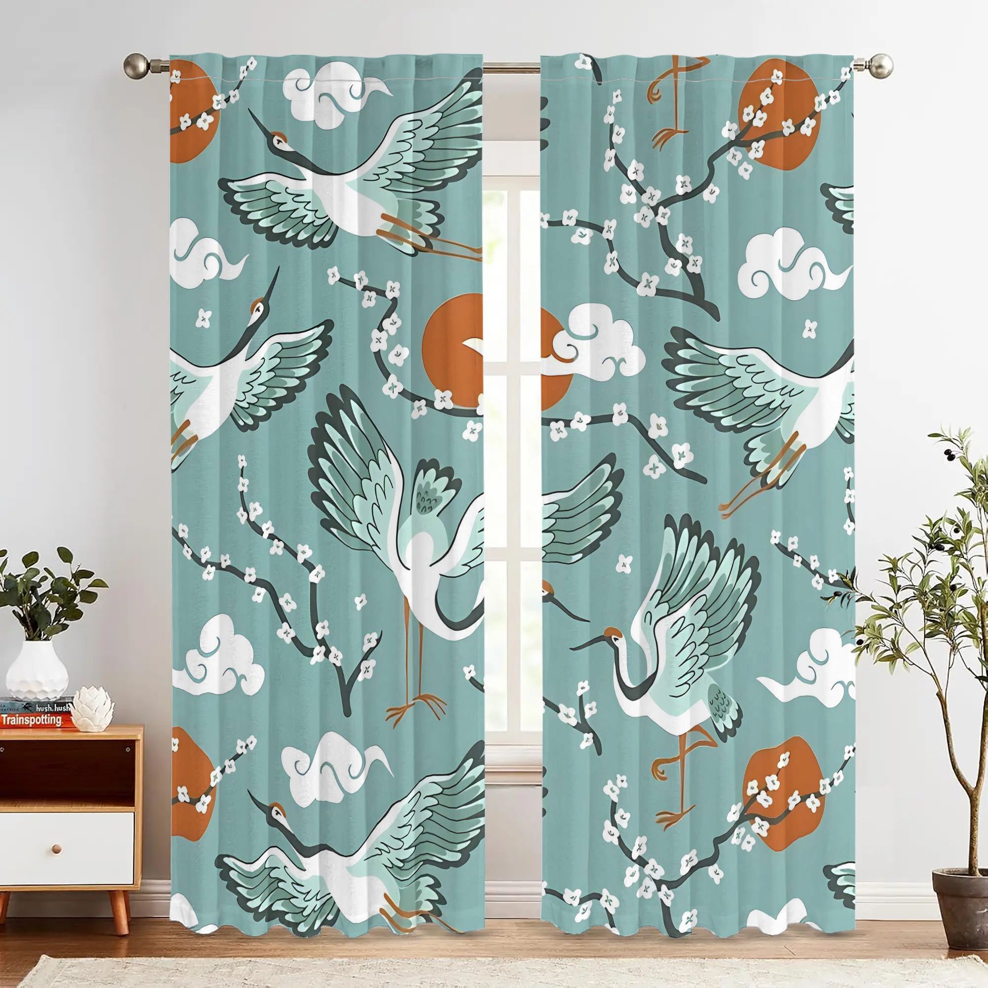 Home Office Japandi - Elegant Teal Watercolor Bird Crane Blossom