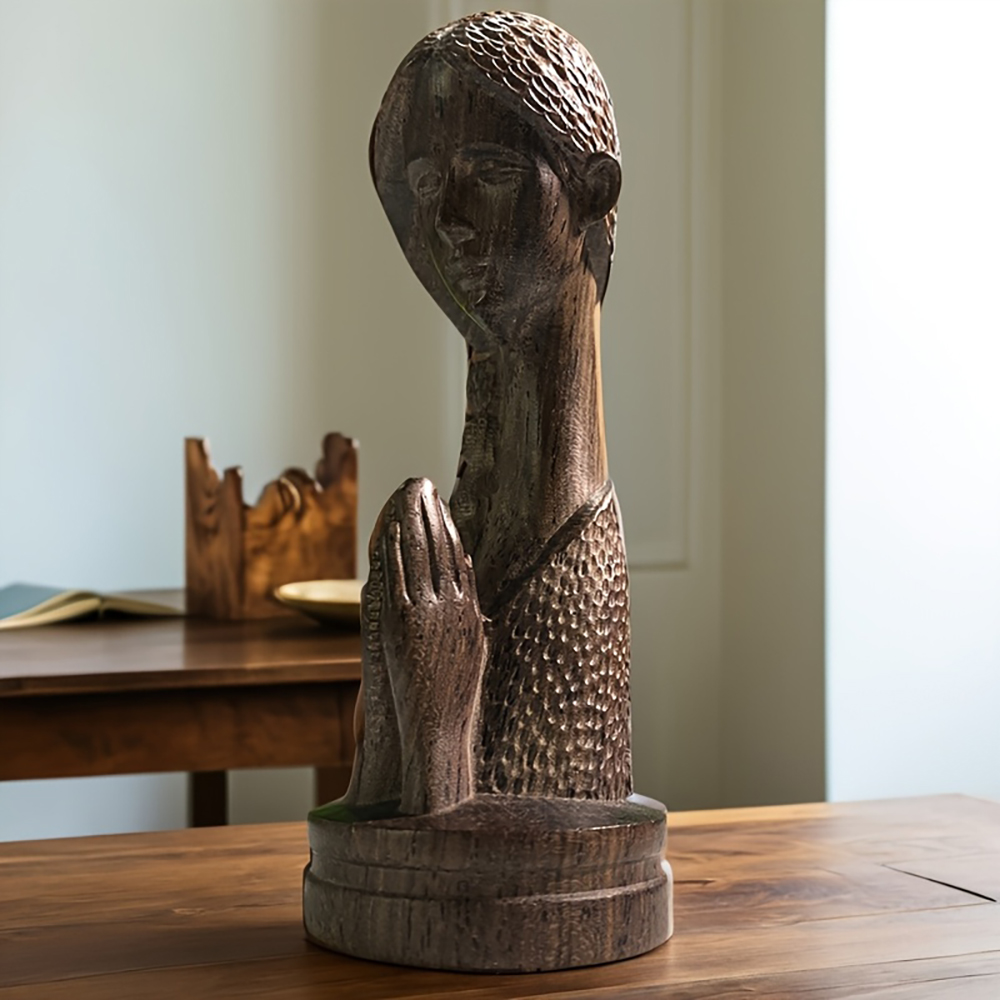 Home Office With Bookshelves - 1Pc Wooden Carved Praying Girl Statue