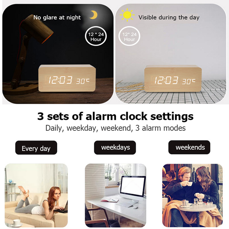 Wooden Digital Alarm Clock, LE - đánh giá và giá Led Desk Clock