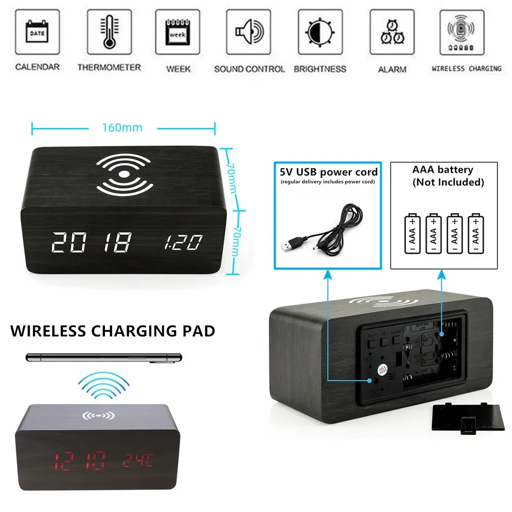 Alarm Clock LED Digital Wooden - đánh giá và giá Led Desk Clock