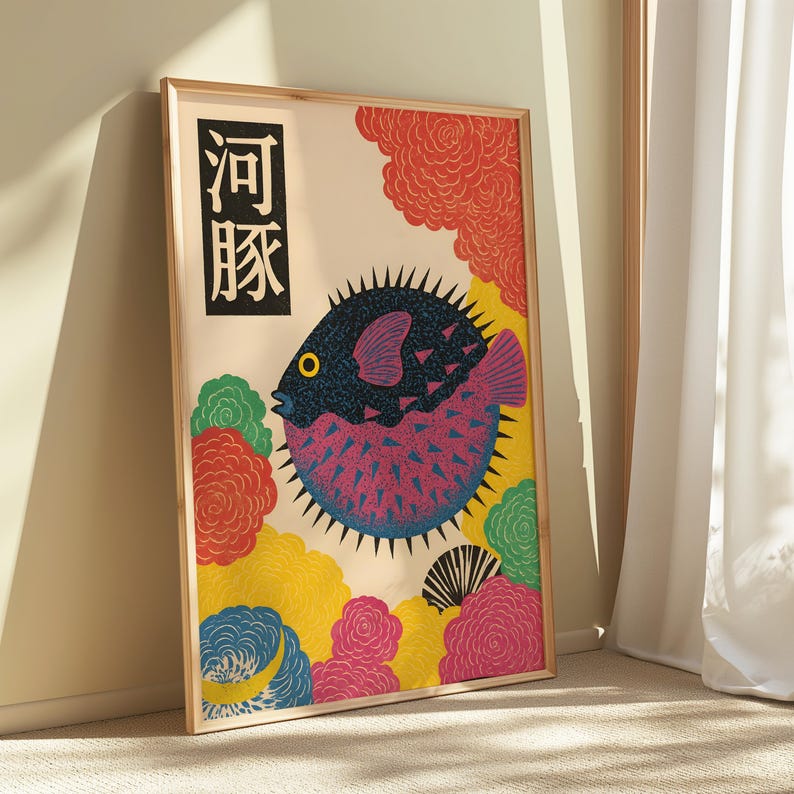 Japanese Puffer Fish Canvas Wa - đánh giá và giá Home Office Japandi
